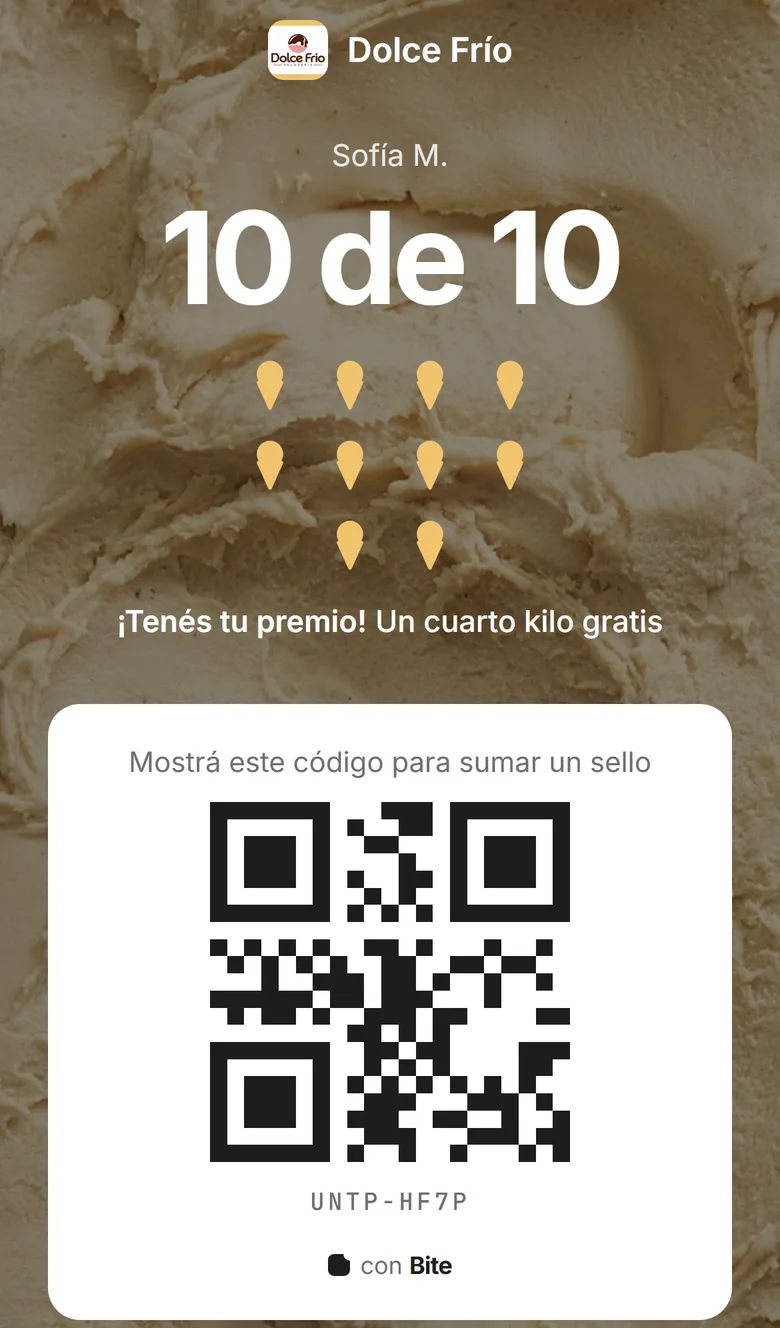 Tarjeta de Dolce Frío completa: 10 de 10 sellos y el premio listo para canjear.